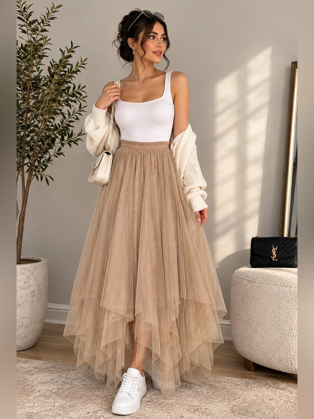 Women's Beige Layered Tulle Maxi Skirt one size (elastic waist)